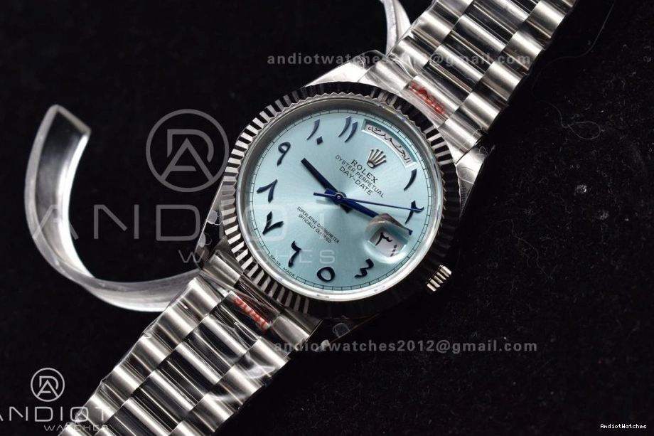 710 GMF Arabic A3255 Steel Dial Cozy Markers SS Blue V on DayDate President Bracelet 40 Iced 904L 1025